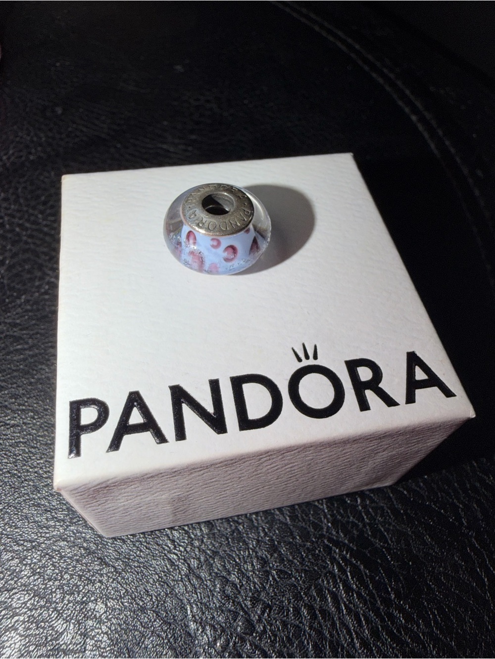 Pandora White Glass Murano Spacer Bead with Pink Dots